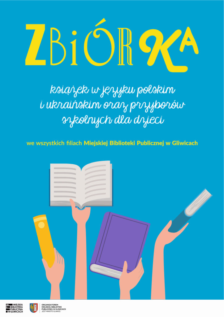 Plakat z informacją o zbiórce książek i przyborów szkolnych dla dzieci z Ukrainy