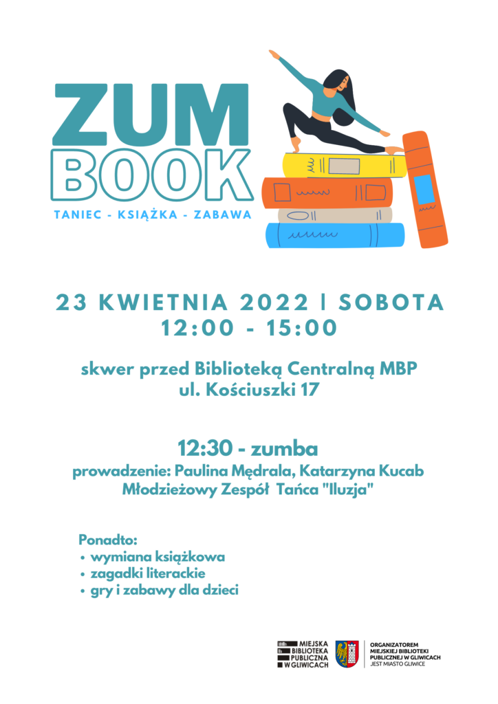 Zumbook - taniec, książka, zabawa. Zaproszenie na wydarzenie 23 kwietnia przy Bibliotece Centralnej