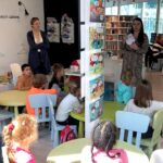 Dzieci słuchają wyjaśnienia biblotekarki o pracy plastycznej nad sową