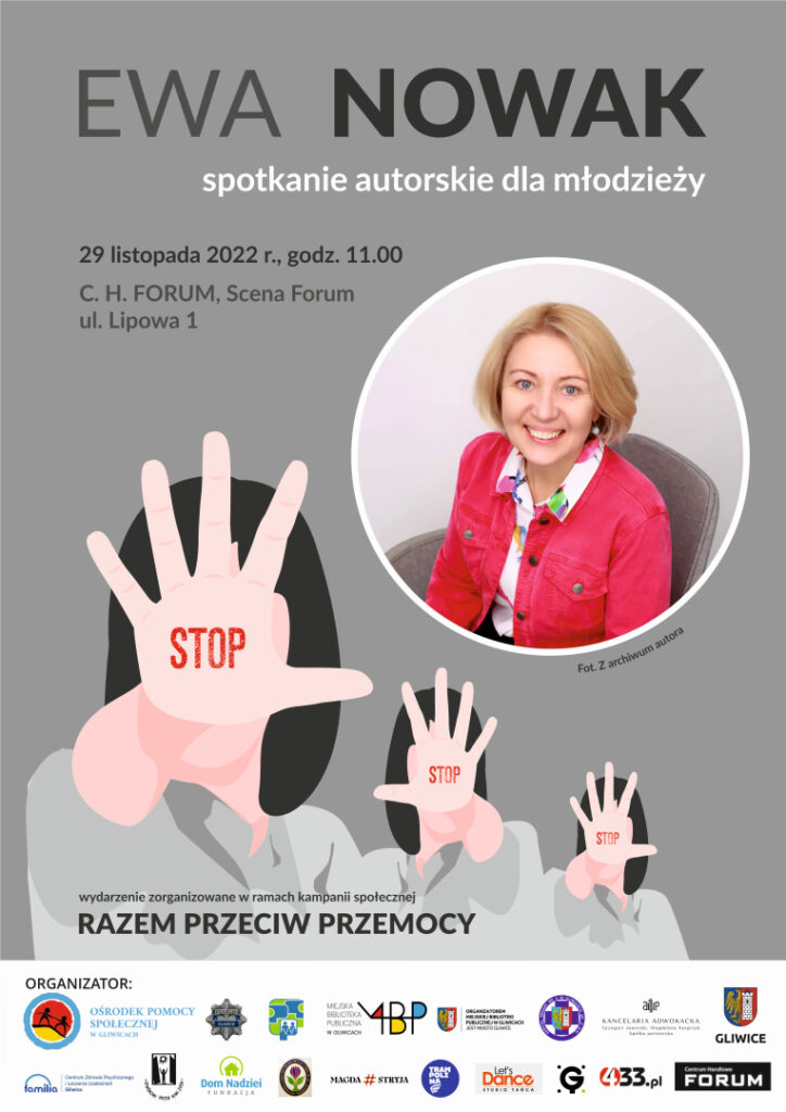 Plakat z informacją o spotkaniu autorskim w ramach kampanii społecznej "Razem przeciw przemocy"