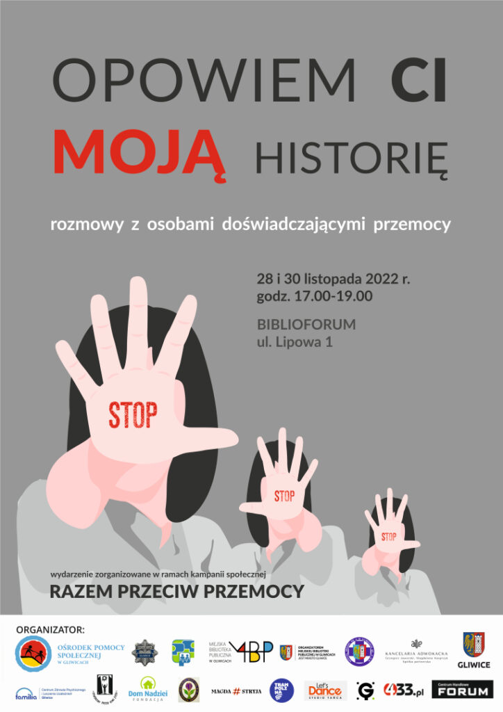 Plakat z informacją o rozmowach z osobami w ramach kampanii społecznej "Razem przeciw przemocy"