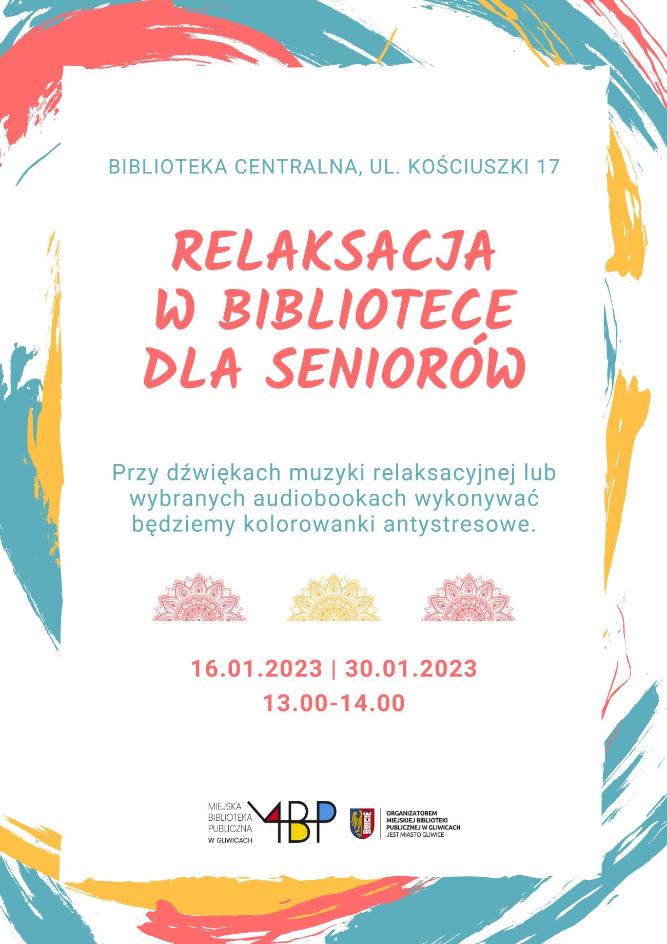 Plakat z informacją o relaksacji w bibliotece dla seniorów