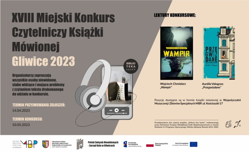 Baner z informacją o 18. Miejskim Konkursie Czytelniczym Książki Mówionej, Gliwice 2023