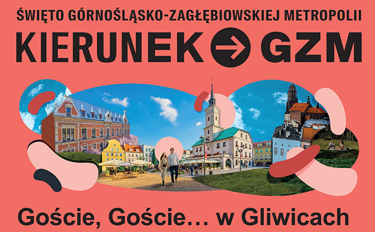 Informacja o spacerach Goście, Goście w Gliwicach. W tle zdjęcie z miasta