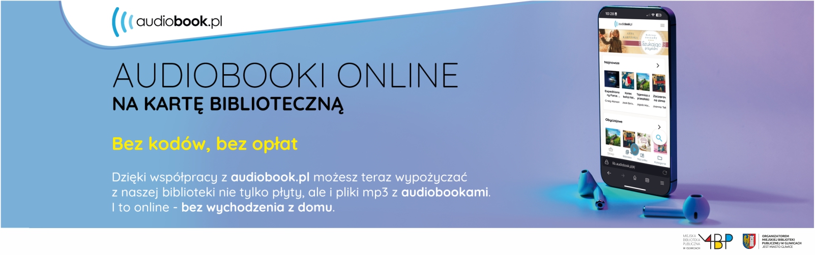 informacja o audiobookach online, grafika: smartfon