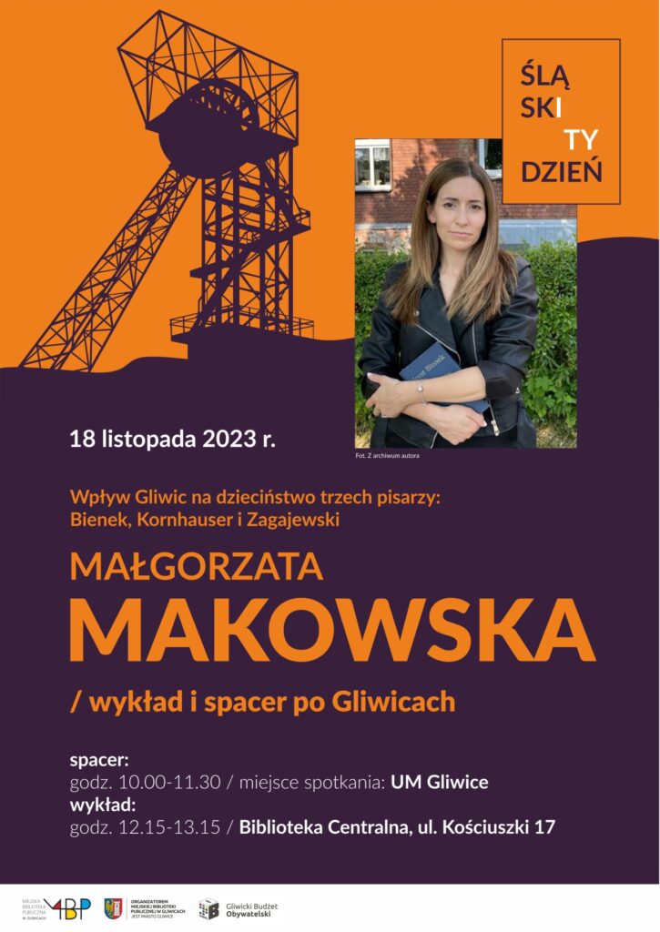Plakat z informacją o wykładzie i spacerze po Gliwicach w ramach Śląskiego Tygodnia