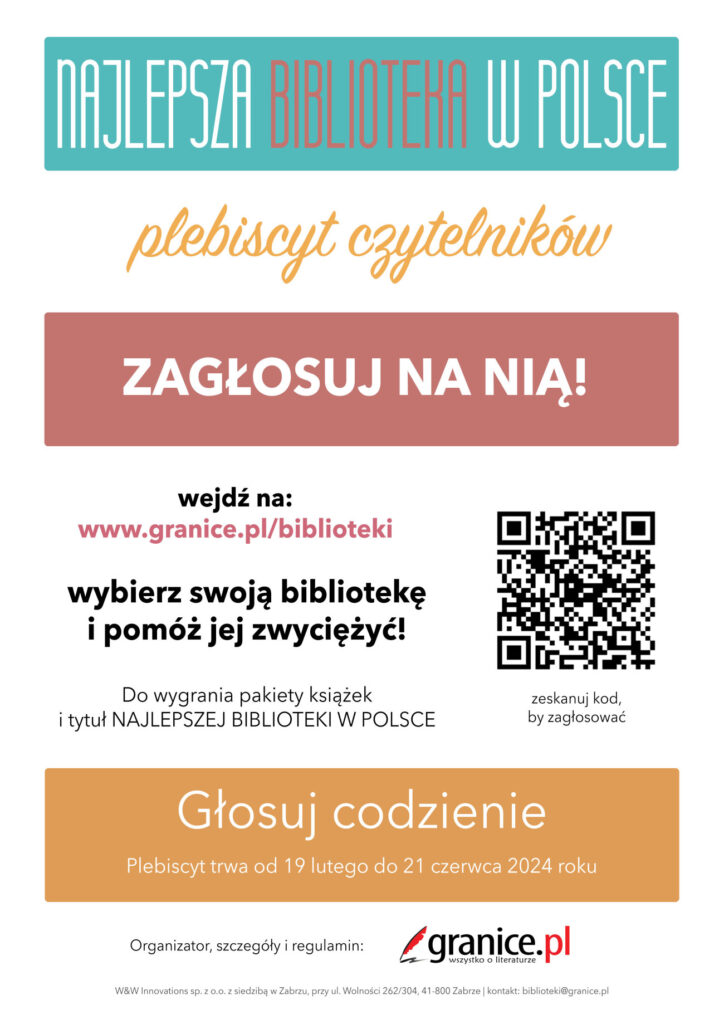 Plakat z informacją o plebiscycie czytelników – Najlepsza biblioteka w Polsce