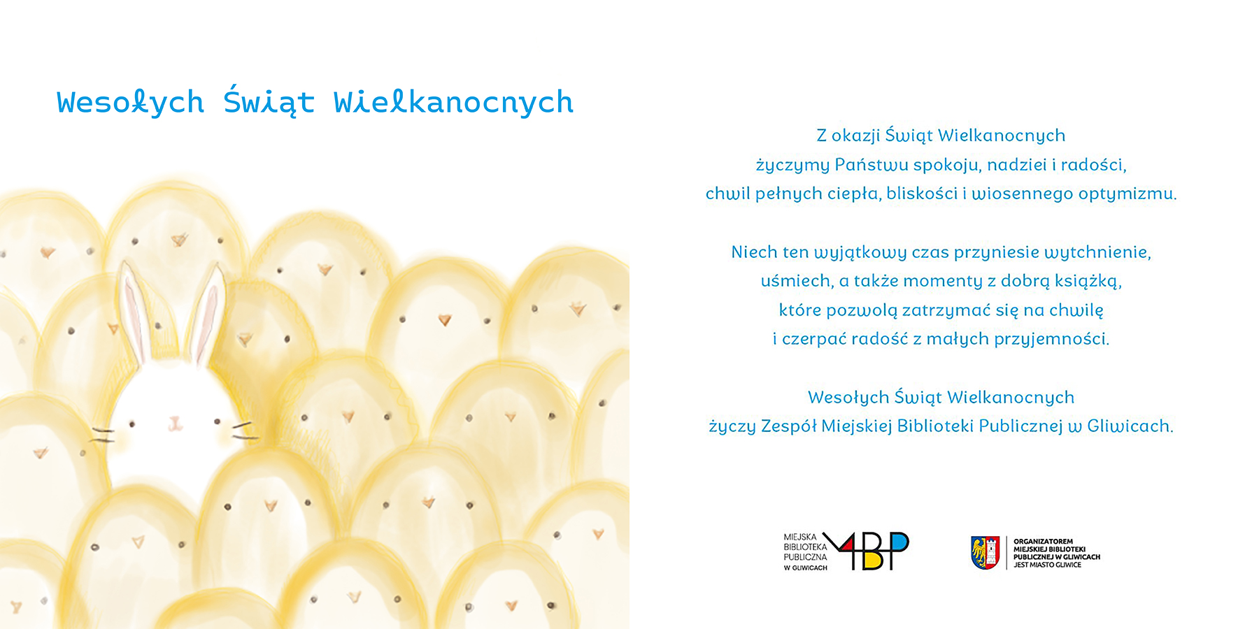 życzenia z okazji Świąt Wielkanocnych oraz grafika z zającami i jajkami