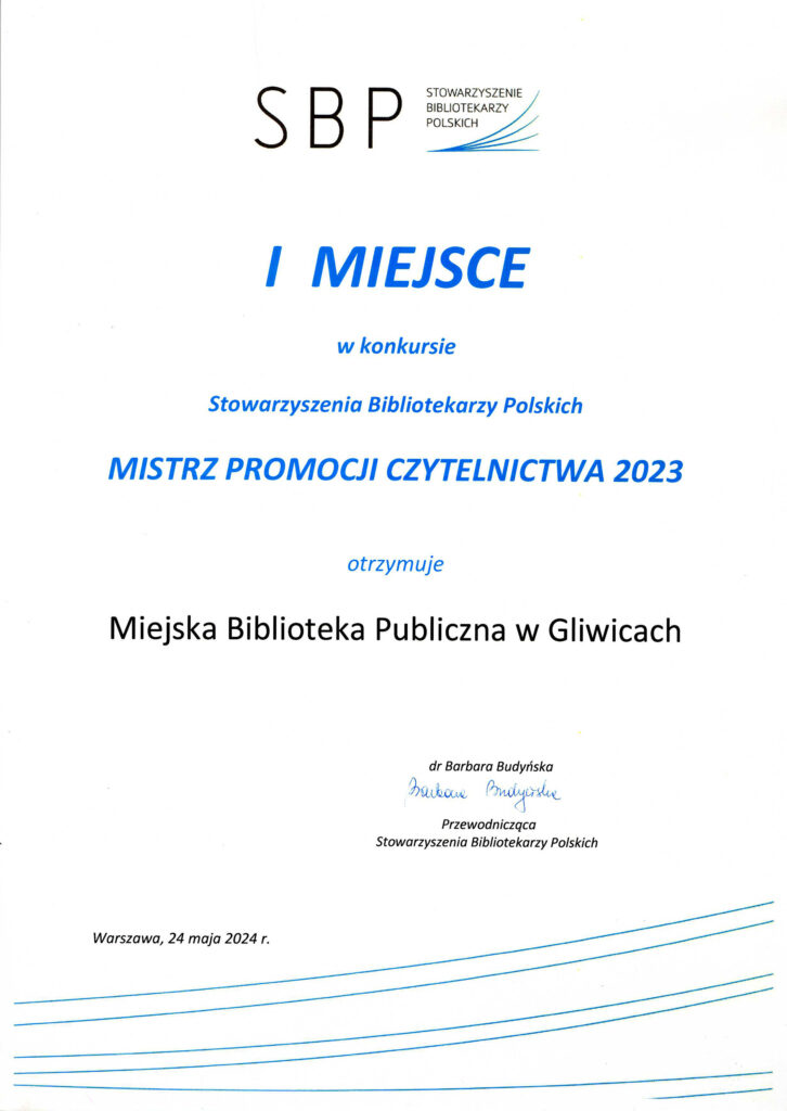 Dyplom dla biblioteki za zajęcie I miejsca w konkursie Mistrz Promocji Czytelnictwa 2024