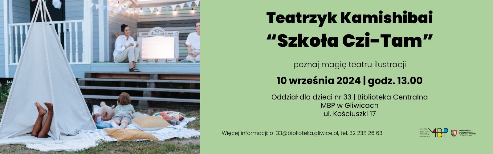 Baner z informacją o teatrzyku kamishibai dla dzieci