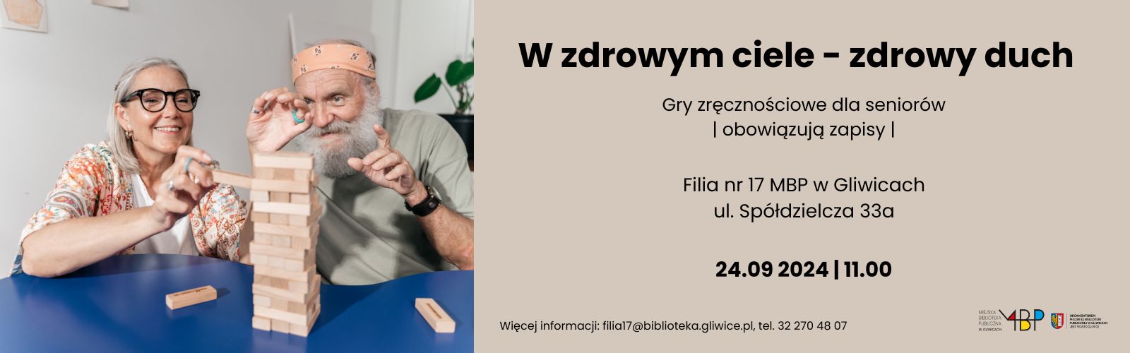 Baner z informacją o grach zręcznościowych dla seniorów