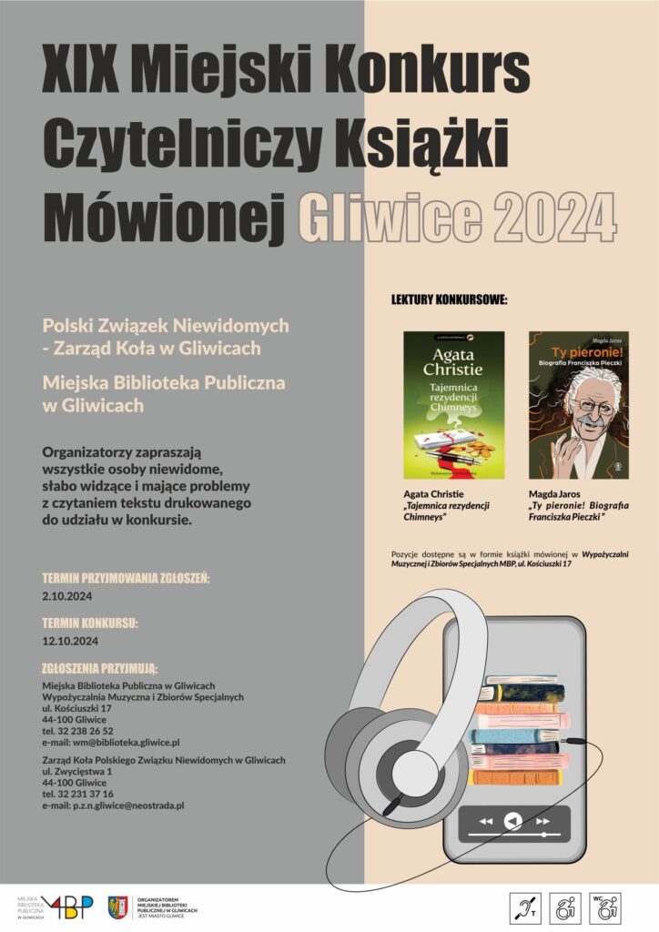 Plakat z informacją o konkursie XIX Miejski Konkurs Czytelniczy Książki Mówionej Gliwice 2024