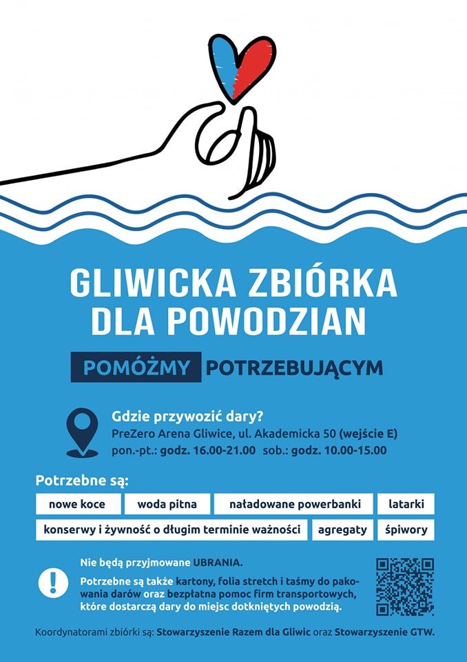 Plakat z informacją o zbiórce darów dla powodzian