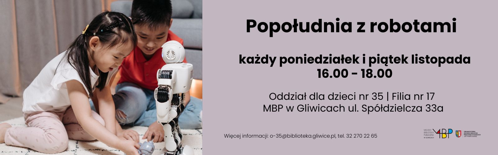 Baner z informacją o zajęciu dzieci z robotami