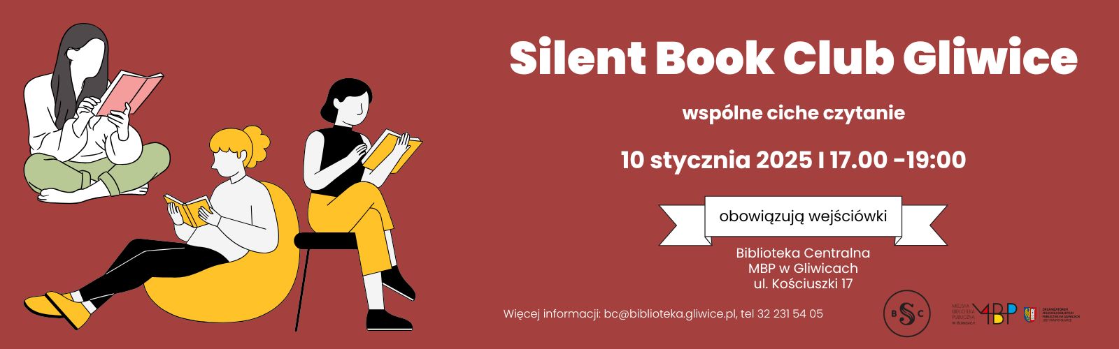 Baner z informacją o Silent Book Club Gliwice