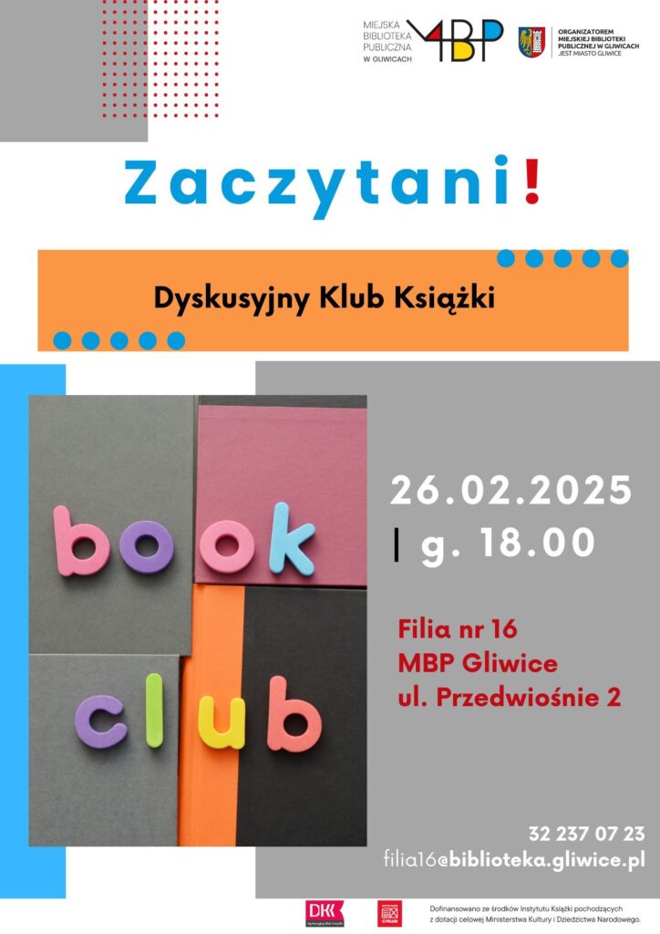 Plakat z informacją o Dyskusyjnym Klubie Książki dla dorosłych