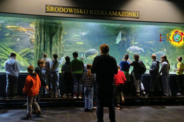 Dzieci podziwiają wielkiego akwarium o środowisku rzeki Amazonki