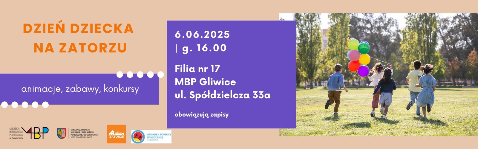 Baner z informacją o dniu dziecka na Zatorzu