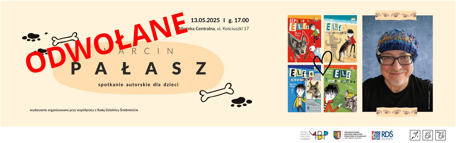 Baner z informacją o odwołaniu spotkania autorsiego