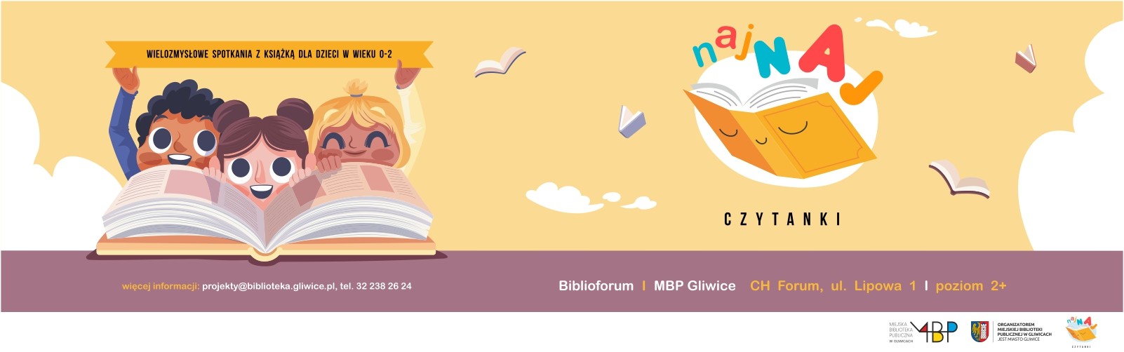 Baner z informacją o spotkaniu z książką dla dzieci