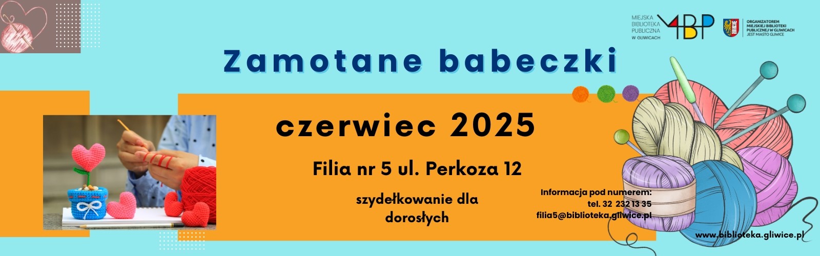 Baner z informacją o warsztatach szydełkowania