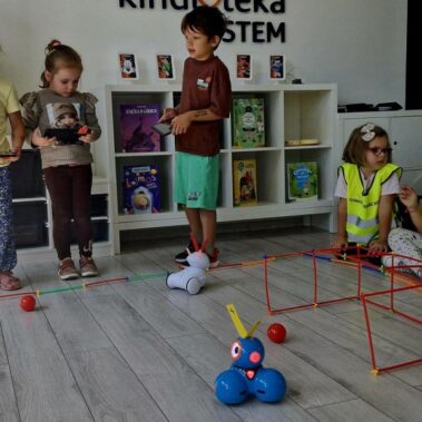 Dwie drużyny rywalizują sterując robotami. Po podłodze roboty poruszają pchając kulki.