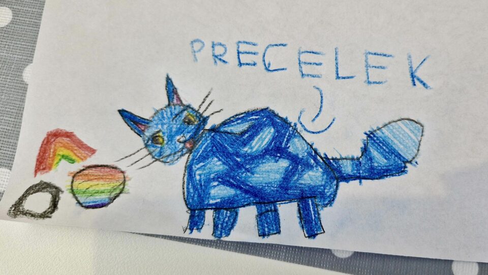 Rysunek niebieskiego kota z napisem Precelek