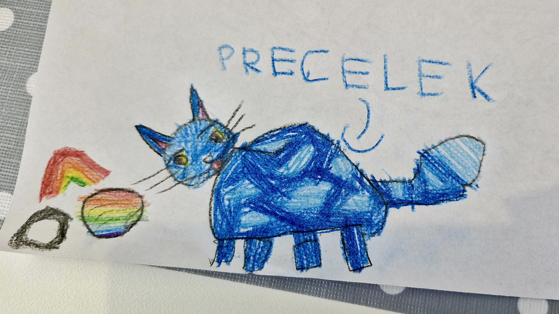 Rysunek niebieskiego kota z napisem Precelek