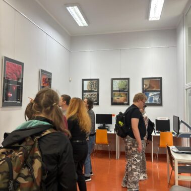 Uczestnicy oglądają zdjęcia w wystawie z poprzednich Foto Spotkań