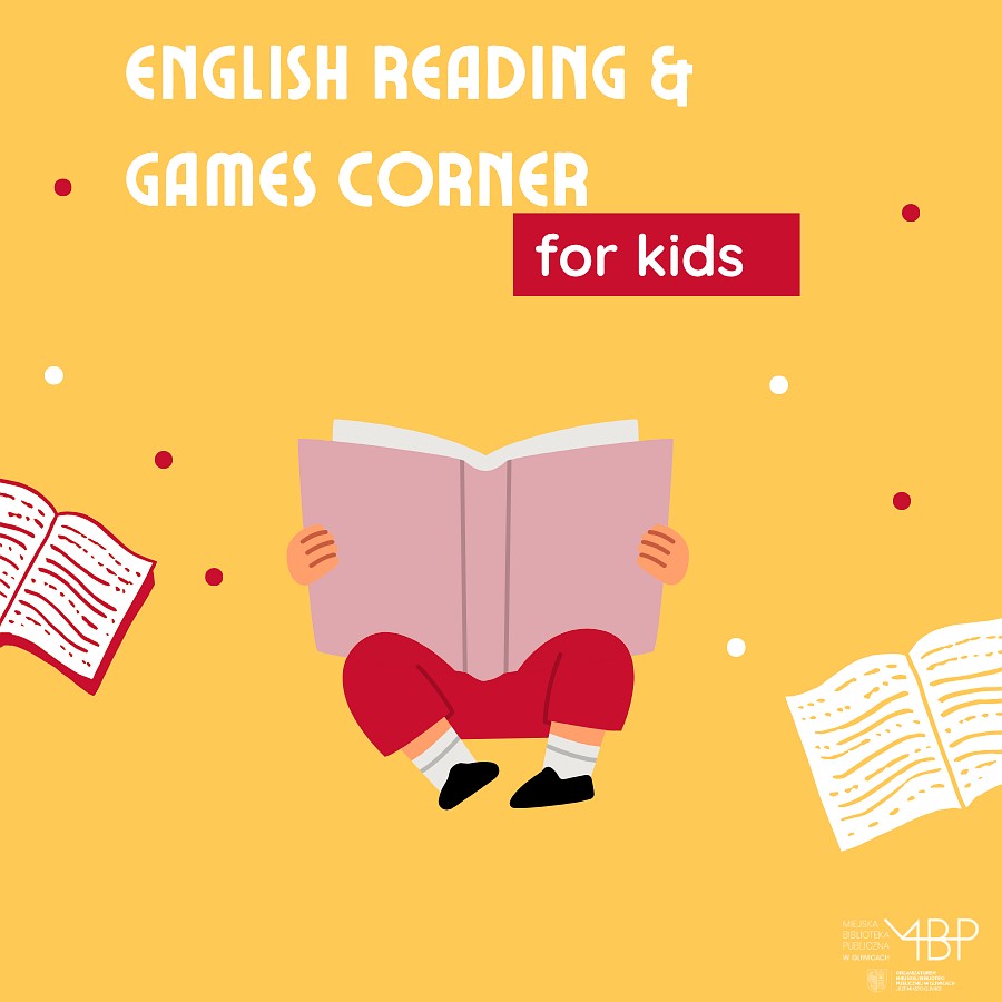 Baner z napisem — English Reading Corner for Kids (Kącik czytelniczy po angielsku dla dzieci)