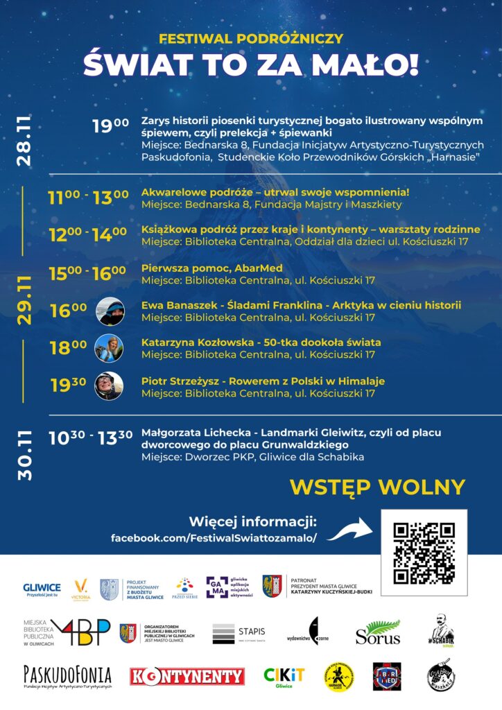 Plakat z programem festiwalu podróżniczym