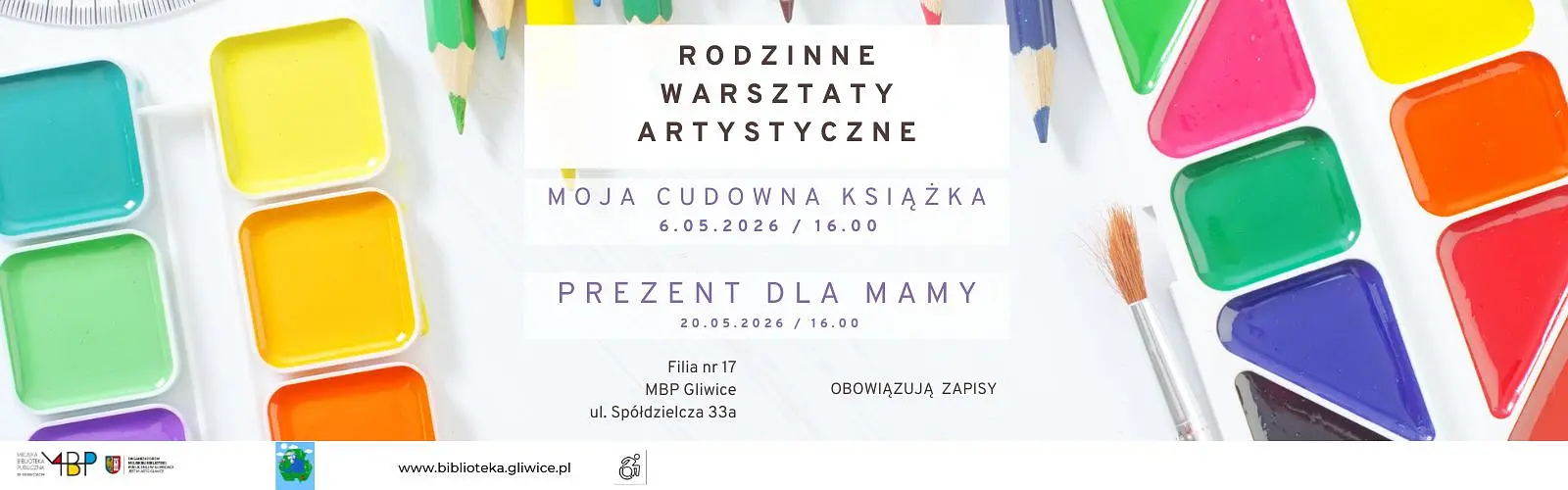 Baner z informacją o rodzinnych warsztatach artystycznych