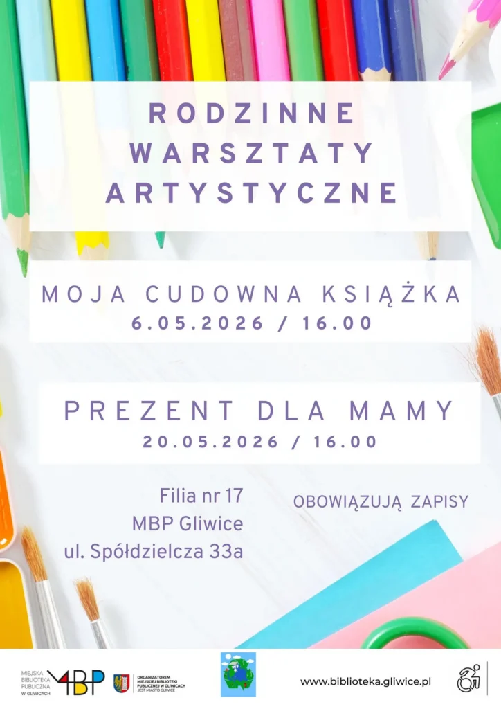 Plakat z informacją o rodzinnych warsztatach artystycznych